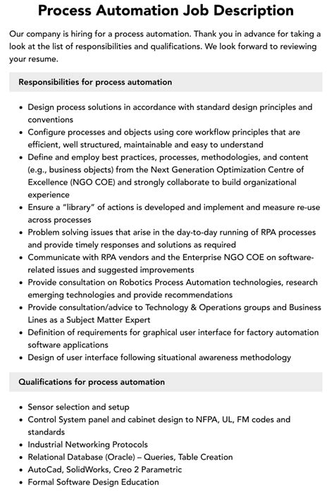 Process Control Automation Job Description