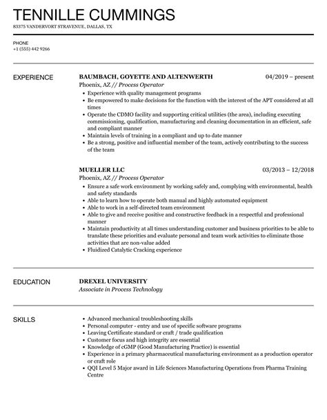 process operator resume examples