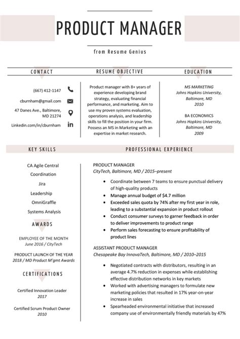 Product Manager Resume Resume [ + 12 Samples ] PDF 2019