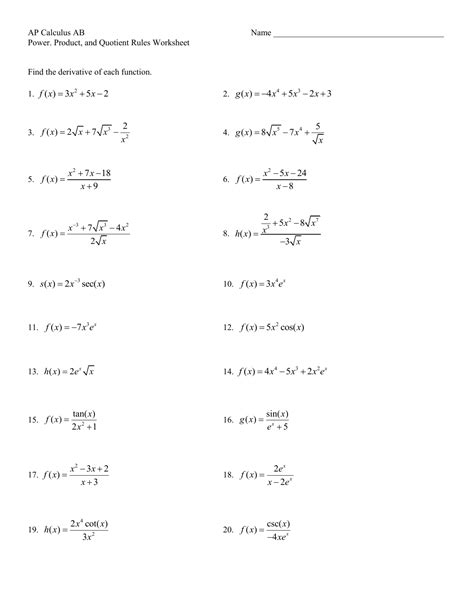 product and quotient rule worksheet with answers pdf