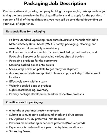 Product Packaging Job Description