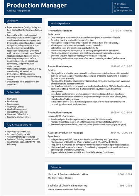 production manager resume format in word