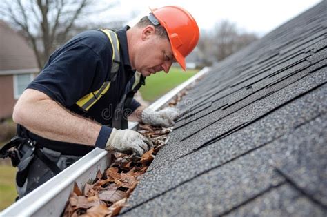Professional inspecting clogged gutter