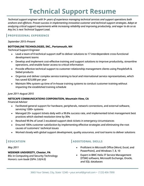 profile summary for technical support engineer