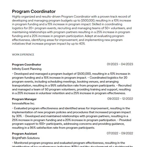 program coordinator resume examples