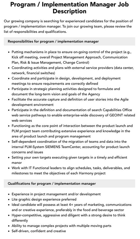 program implementation manager job description