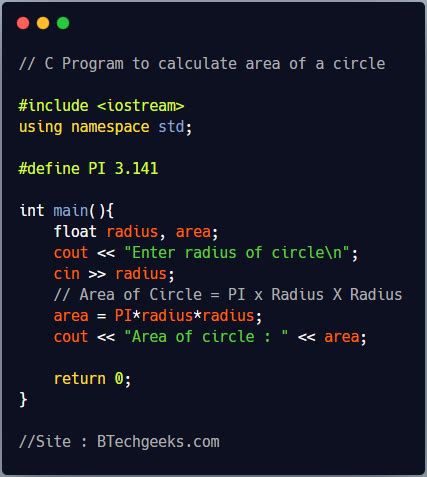 program to find area and circumference of circle in c++