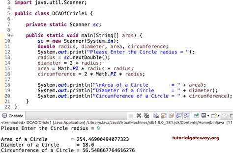 program to find area and circumference of circle in java