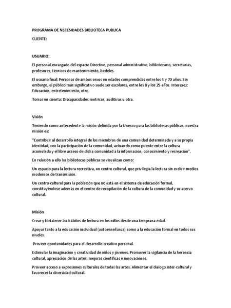 Programa De Necesidades Biblioteca Update