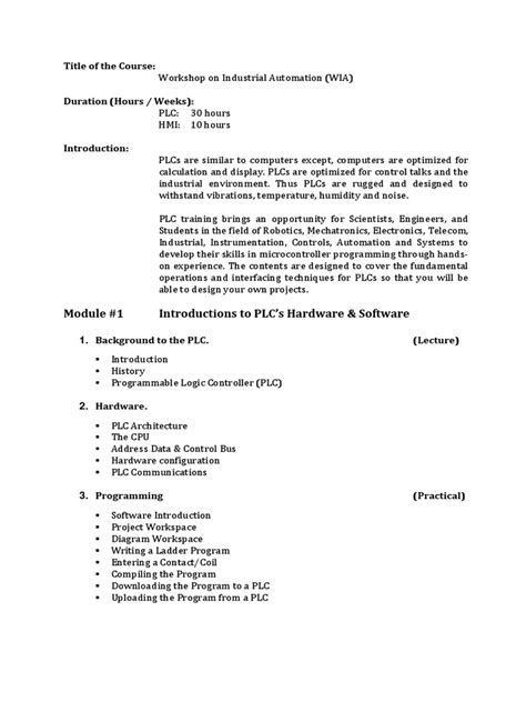 Programmable Logic Controller Course Outline