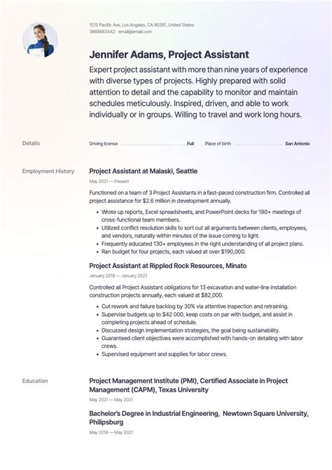 project assistant resume examples