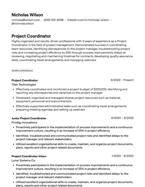 project coordinator cv summary