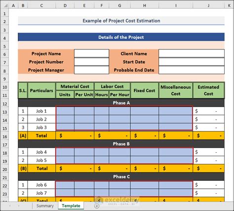 project cost estimation excel sheet