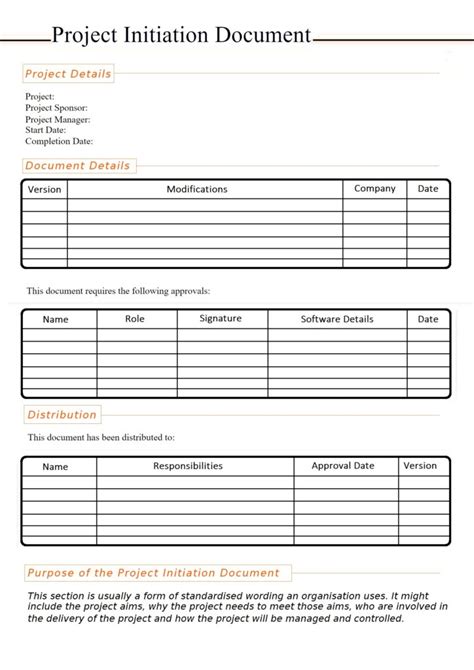 project initiation document template excel