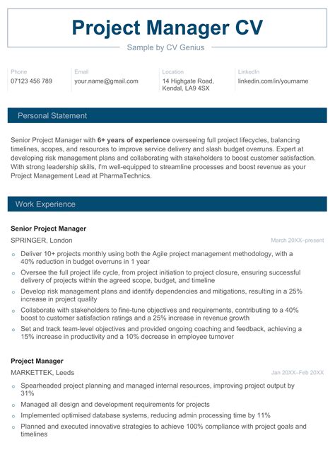 project manager cv example uk