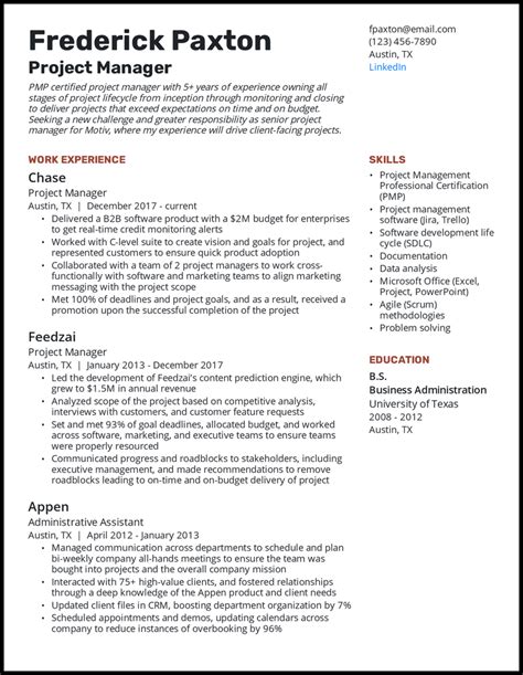 project manager professional summary sample