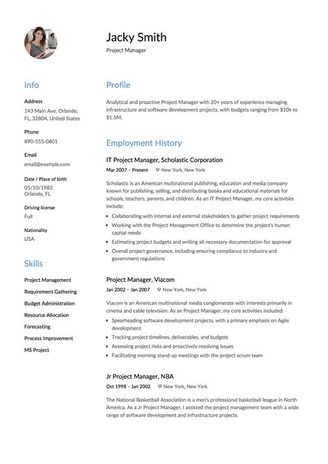 project manager resume description examples