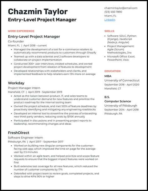 project manager resume example entry level