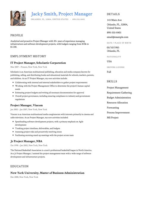 project manager resume format