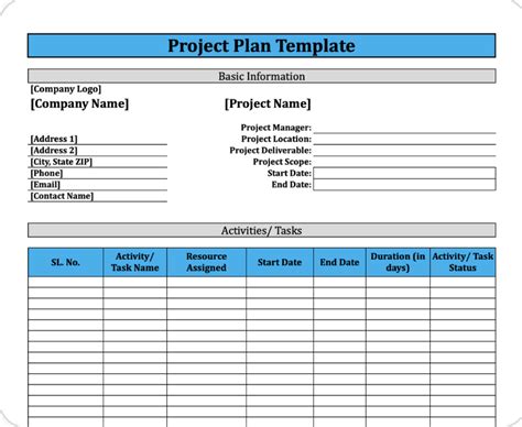 project plan document template excel
