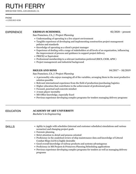 project planning resume examples