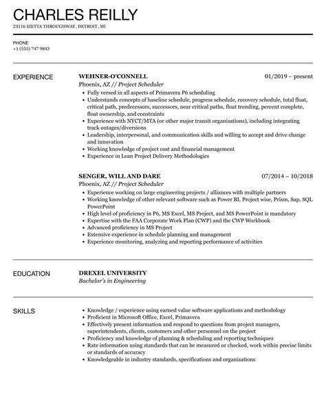 project scheduler resume examples