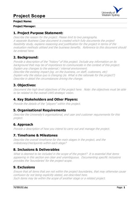 project scope example document
