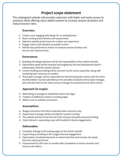 project scope example statement