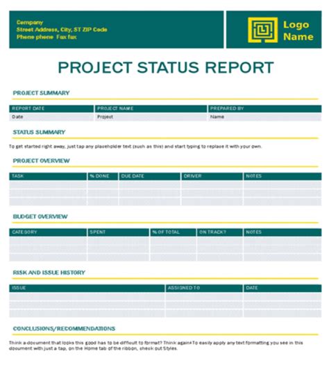project status report template excel free