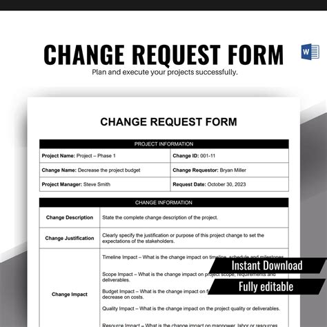 project management change request form template