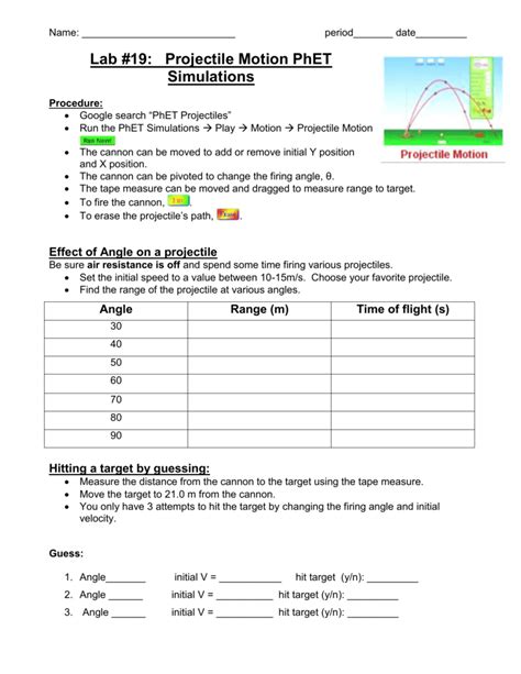 projectile motion activity worksheet answers