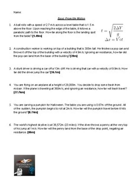 projectile motion concepts worksheet answers