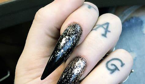 Prom Black And Gold Stiletto Nails With Foils nails