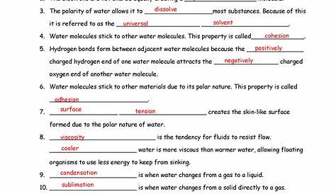 Properties Of Water Worksheet Key