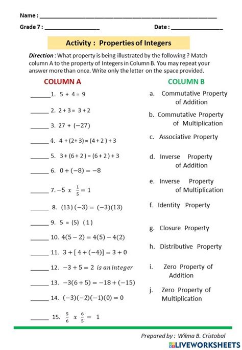 properties of operations on integers worksheets
