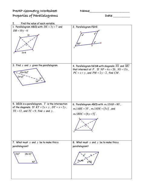 properties of parallelograms worksheet