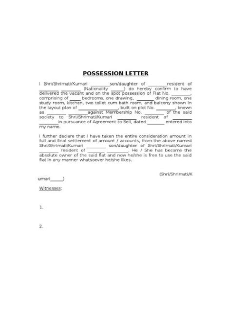property possession letter format