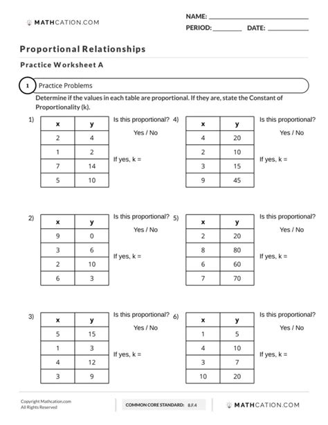 proportional and nonproportional relationships in tables worksheet