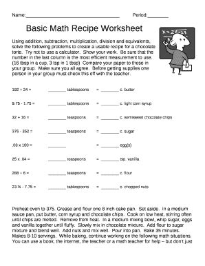 Prostart Basic Math Recipe Worksheet Answer Key