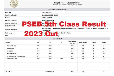 pseb result 5th class 2023