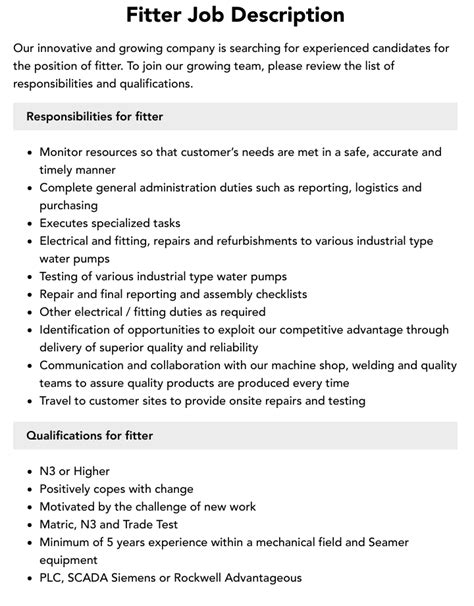 Pump Fitter Job Description