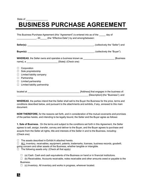 Business Purchase Agreement Template Download Printable PDF