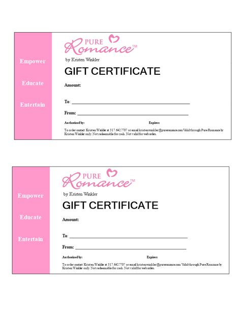 Pure Romance Gift Certificate Gift card template, Free gift