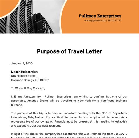 Purpose Of Travel Document Sample