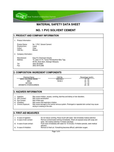Pvc Cement Msds Sheet