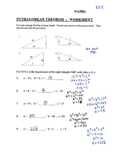 pythagorean theorem worksheet answer key