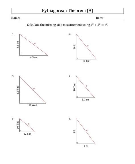 Pythagorean Theorem Worksheet Printable