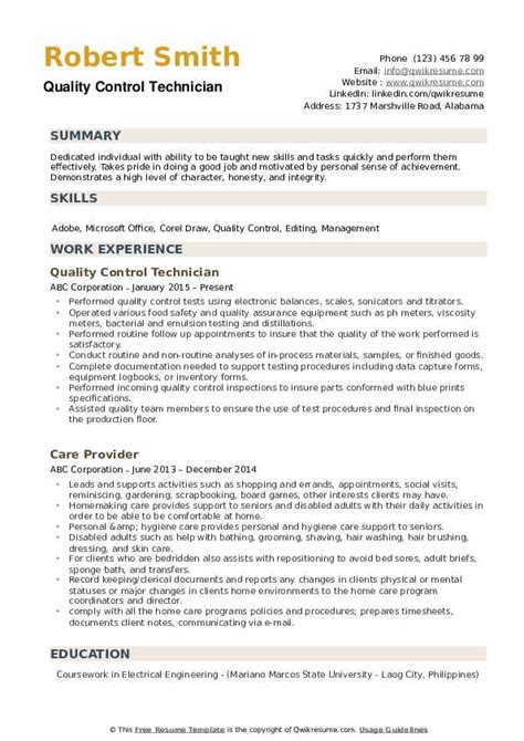 Quality Control Technician Resume Example General Electric