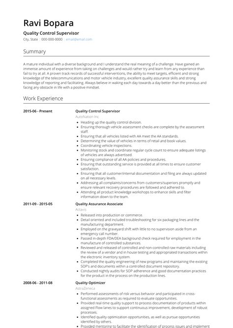 Quality Controller Resume Sample
