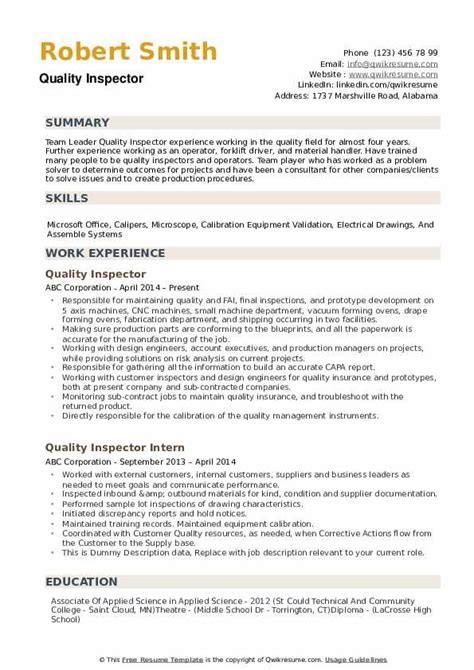 Quality Inspector Resume Samples QwikResume